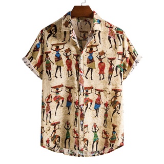 Fashion Men's Summer Shirts Retro Ethnic Printed Camicias Korean Beach Classic Short Sleeve Chemise