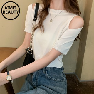 AIMEIBEAUTY Women's clothes croptop round neck short sleeve thin knit off-shoulder