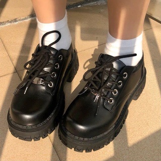 [READY STOCK]Small leather shoes female British style spring and autumn new thick-soled college style lace-up single shoes black handsome retro Mary Jane shoes
