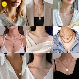 Multilayer Gold Necklaces Butterfly Korean Pearl Moon Wafer Pendant Chain Women Girls Party Accessories