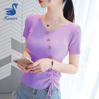 Kanavi V-neck Drawstring T-shirt Tops Women Slim Knit Bottoming Shirt Ice Silk Short-sleeve Female Lace-up Button Sweater