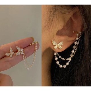 Ivy Butterfly Stud Earrings Rhinestone Tassel Threader Chain Dangling Drop Earring