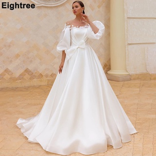 Eightree Puff Sleeves Wedding Dresses 2021 Appliqued Chic Satin A-Line Bridal Gown Plus Size Beach P