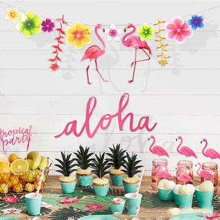 Hawaiian Tropical Flamingo Leaves Banner Garland Paper Flower Banner Home Birthday Party Bunting (2)