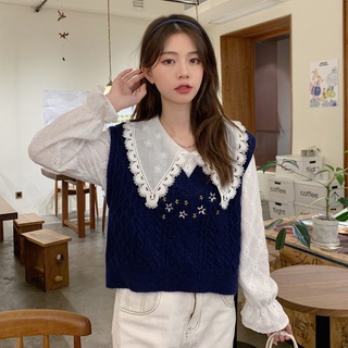 V-neck Embroidered Knit Vest + Doll Collar Long Sleeve Shirt