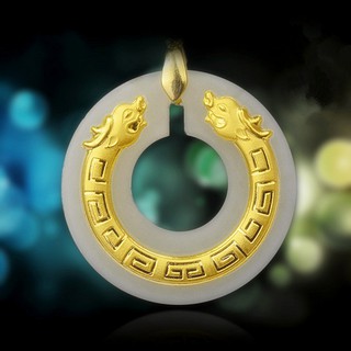 999.9 Gold Hetian Jade Double Dragon Peace Buckle Pandents
