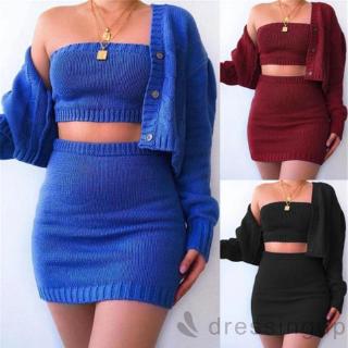 d❃♪Women Sexy 3 Piece Knitted Tube Crop Top + Mini Skirt +