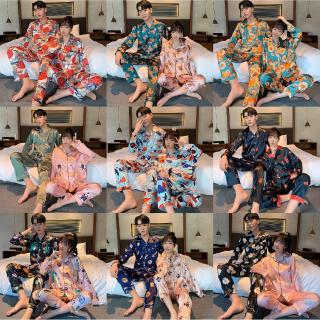 xY5N 【2 Sets】Long Sleeve Unisex Couple Pajamas Terno Pantulog Satin Silk Women Men Sleepwear Bat Sle