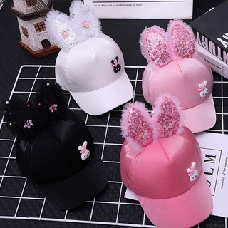 ﹍◎✎Kids Girls Sequins Print Caps Children Casual Rabbit Ear Design Visors Sun Hat