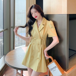 Korean Dongdaemun Socialite New Lace-up Suit Collar Shirt-Style Elegant Slim Double-Breasted Dress f