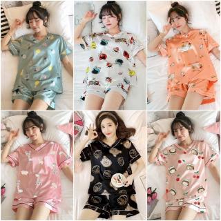Female Comfy Silk women's Pyjamas Short Sleeve Sleepwear V-neck cartoon Pyjamas Set Terno Crop top (1)