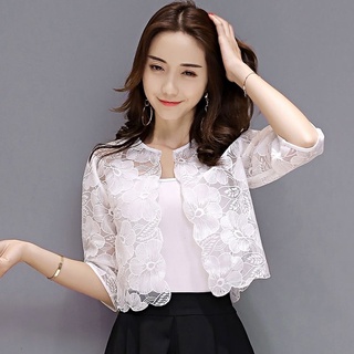 2021 Summer New Women Half Sleeve O-neck Shawl Coat Thin Sun Protection Clothing Mesh Lace All-match