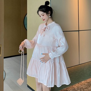 2021 Spring Maternity Fashion Dress Sweet Bow Collar Long Sleeve Ruffles Cake Dress Plus Size
