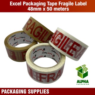 Excel Packaging Tape Fragile Label 48mm x 50 meters White / Tan