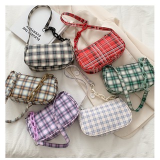 Korean Vintage Plaid Bag Underarm Bag Women Shoulder Bag Ladies Chain Handbags Canvas Tote Bags