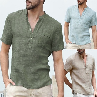 New Men'S Cotton Linen Shirt Casual Linen Solid Color