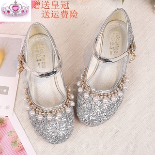【Frozen Princess Shoes】 Girl princess shoes 2021 new spring and autumn girl children high heels silver crystal shoes pin