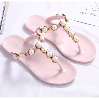 JYS. Ladies Pearl Design Flats Korean Rubber Sandals #SS35 (Add One Size)