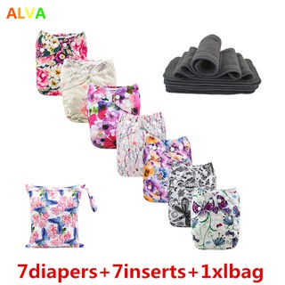 【Spot discount】7+7+1 Bundle ALVA Baby 3.0 Cloth Diaper 【with 4layer-bamboo charcoal inserts】Printed One Size Reusable Waterproof Washable Pocket Diapers Fit 3-15kg Baby Newborn To 3 Years Old