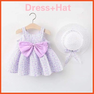 Dress+Hat Summer Baby Girl Dress Bow Princess Dress 2021 New Children's Fashionable Korean Style Hat