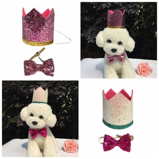 Pet Cute Birthday Party Crown Hat + Bow Tie Collar Set