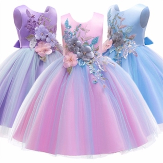 Children Sleeveless Flowers Princess Party Kids Dresses for Girls Cake Tutu Lace Flower Girls 3-12 Years Baby Girls Clothes Kids Wedding Party Dress