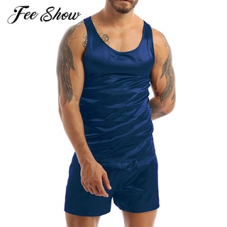 Men Satin Smooth Soft Pajamas Nightwear Sleeveless Tank Top Vest Shorts Sexy Pajamas Set Sleepwear S