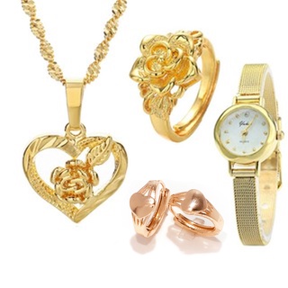 Diamante Collection 24K Gold-Plated Necklace,Ring,Earring,and Watch with Box GN92+GE147+GR08+W009