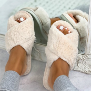 Women Fashion Warm Fluffy Slippers Cozy Faux Fur Cross Indoor Floor Slides Flat Soft Furry Ladies Fe