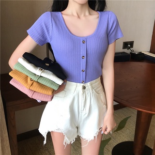 Korean Style Slim Knitted Top Short Sleeve T-shirt For Summer