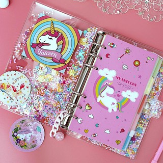 A5 cute notebook planner set, sparkling loose leaf PVC shell, pink unicorn bullet diary (1)