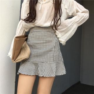 Plaid Ruffles A-line Skirt High Waist Slim Bag Hip Fishtail Skirt