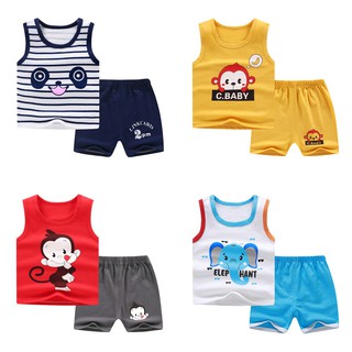 Baby Boys Sleeveless Striped Print Vest +Shorts Set Summer Kids Shirt Suit