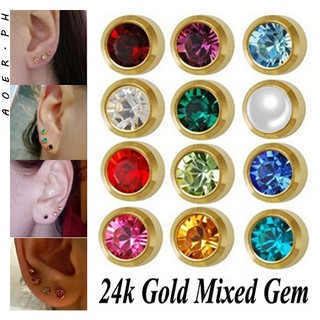 [AOER] Birthstone 24K Gold Zircon Studs Earrings Stud Lucky Birthstone Zirconia Earring For Women