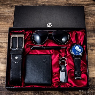 【ins】Men\'s Gift Set Quartz Watch + PU Wallet + PU Belt + Sun Glasses + Pen + Keychain W/ Gift Box