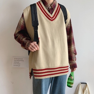 【M-2XL】Youth Popular Student Color Matching Vest for Men Korean Fashion All-match Knitted Vest Unisex Japanese Loose Casual Sleeveless Tops Male V-neck Sleeveless Sweater Vest