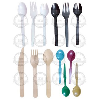 100pcs Disposable Plastic / Wooden Chinese Spoon Fork Spork Knife for Ice Cream Scramble Ramen Etc (1)