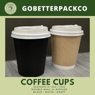 50pcs 8oz / 12oz Coffee Cups - Double Wall / Rippled (Black / White / Kraft) with Lid