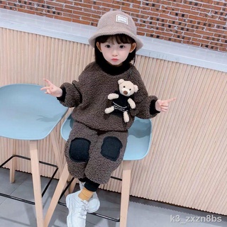 ❀Children s autumn and winter warm set new girls Korean lamb wool sweater female baby plus velvet pa