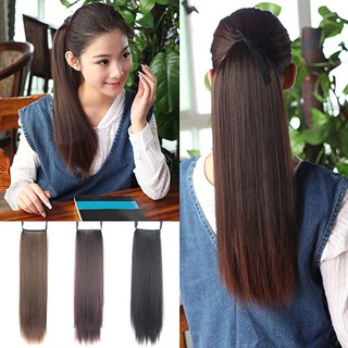 Women Clip in Wrap on Straight Long Ponytail Hair Extensions Hairpiece Wig