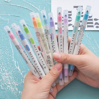 COD♘12pcs/set Highlighter Pen Stationery Milkliner Double Headed Fluorescent Marker Pen 12 Colors Ma