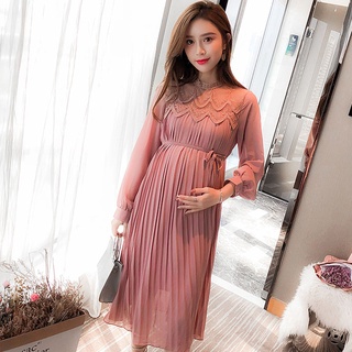 High Quality Chiffon Dresses Maternity Clothes For Pregnant Women Long Sleeve Pleated Dresses