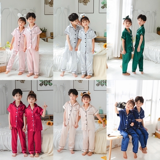 Sleepwear for Kids 4-14 years Terno Pajama Kids Silk Satin Pyjamas Short Sleeve Long Pants Boys Sleepwear Girls Pajamas Suit