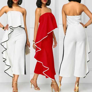 [Free shipping] Women Off Shoulder Jumpsuit Contrast Trim Strapless Backless (1)