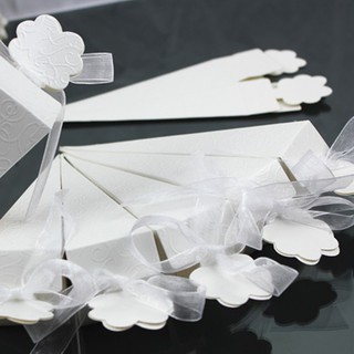 100pcs Ice Cream Tip Cone Shape Gift Box White Paper Ribobn Candy Dragees Wedding Favor Gift