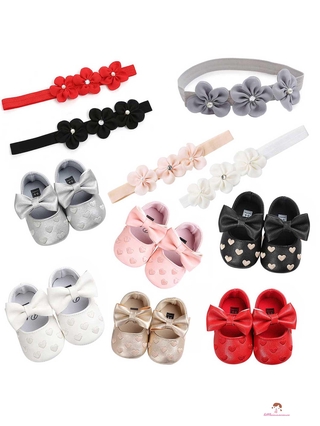 XZQ7-0-18 Months Baby Baptism Shoes and Headband Set, Cute Heart Princess Dress Shoes and Flower Hairband for Infant Newborn Girls