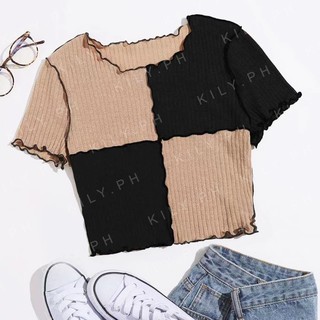 Kily.PH Seam Front Lettuce Crop Top for Womens Round-Neck Knitted Shirt Basic Tops 6A0111
