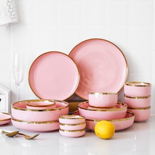 Nordic Elegant Pink Ceramic Plate with Gold Rim Dinner Plate Salad Plate Noodle Bowl