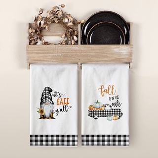 ▨2pcs Fall Pumpkin Saying Kitchen Dish Towels Set Autumn Buffalo Check Farmhouse Absorbent Fast Dryi
