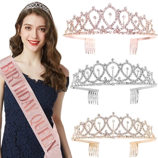 2pcs Glitter Satin Birthday Girl Sash & Crown Princess Ribbons Shoulder Happy Birthday Party Accessory Decoration